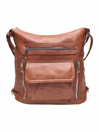 Praktický středně hnědý kabelko-batoh 2v1 s kapsami, Tapple, H23105, přední strana kabelko-batohu 2v1