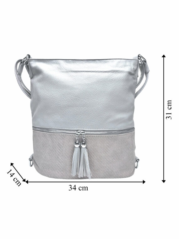 Střední světle šedý kabelko-batoh 2v1 se slušivými třásněmi, Bella Belly, 5394, přední strana kabelko-batohu 2v1 s rozměry