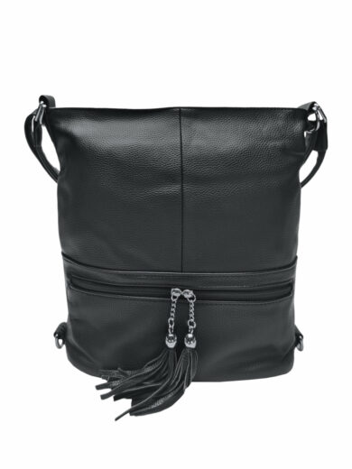 Stylový černý kabelko-batoh 2v1 s třásněmi, Bella Belly, 2193, přední strana kabelko-batohu 2v1