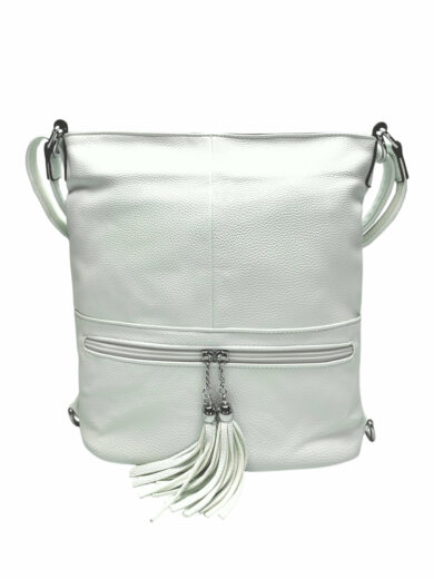 Stylový perleťově bílý kabelko-batoh 2v1 s třásněmi, Bella Belly, 2193, přední strana kabelko-batohu 2v1