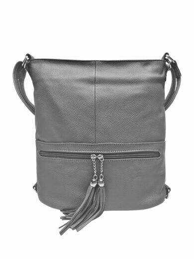 Stylový středně šedý kabelko-batoh 2v1 s třásněmi, Bella Belly, 2193, přední strana kabelko-batohu 2v1