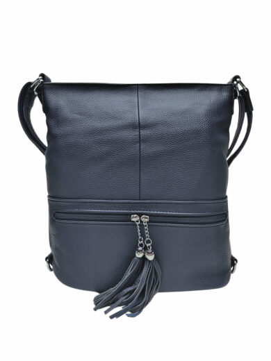 Stylový tmavě modrý kabelko-batoh 2v1 s třásněmi, Bella Belly, 2193, přední strana kabelko-batohu 2v1